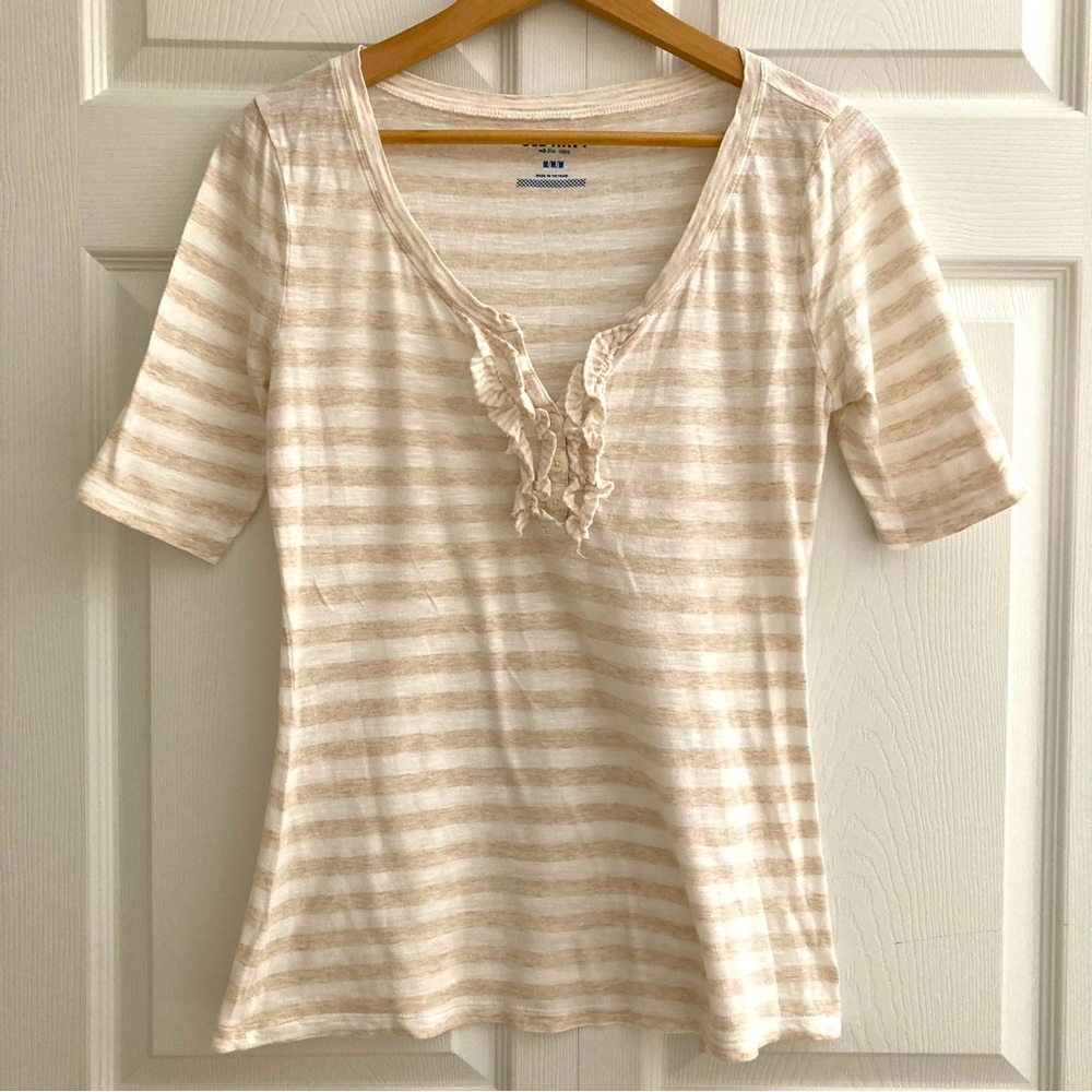 Old Navy neutral stripe ruffle front tee
